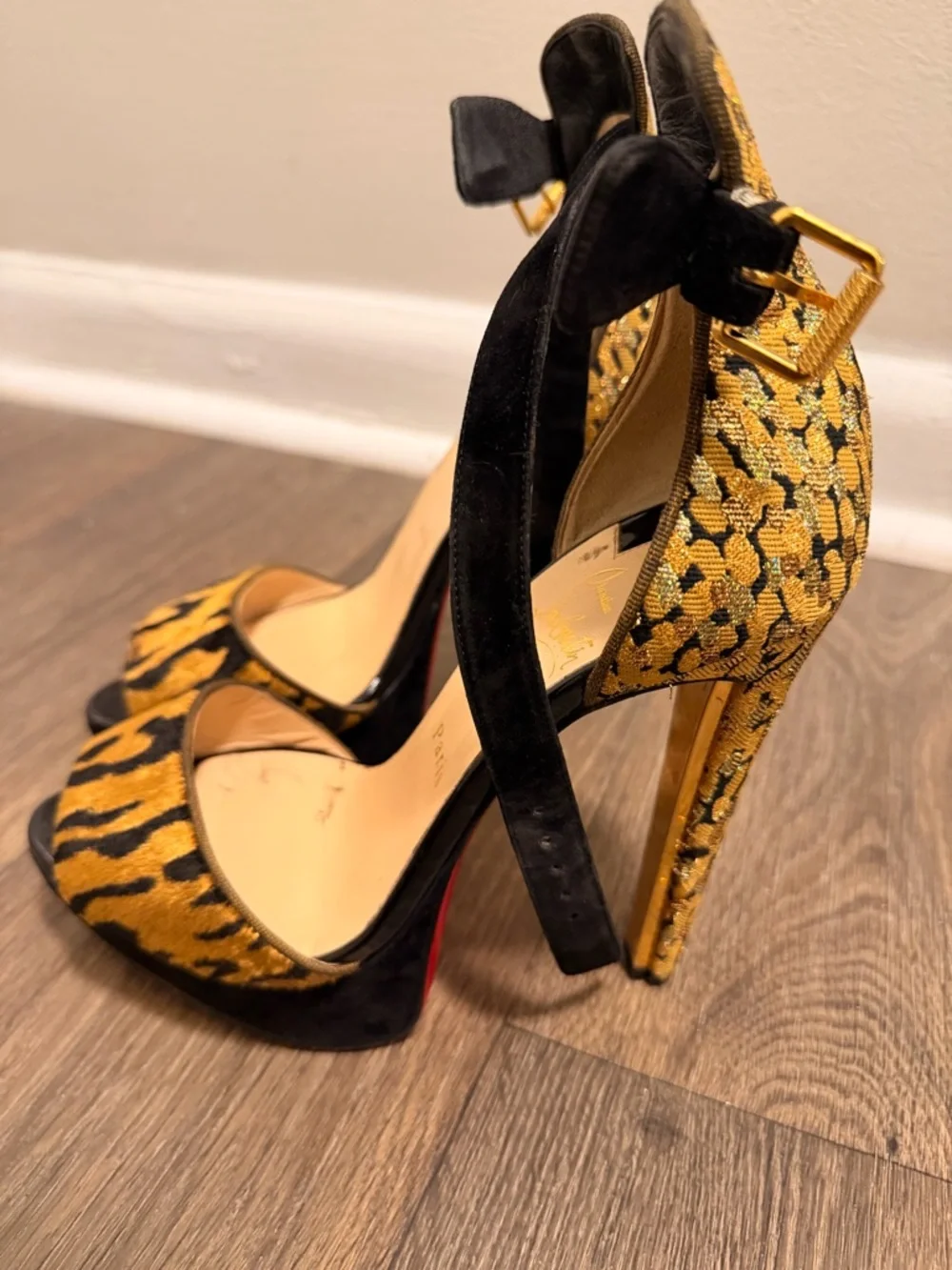 Christian Louboutin Gold and Black Leopard-Print High Heels - Picture 2 of 9